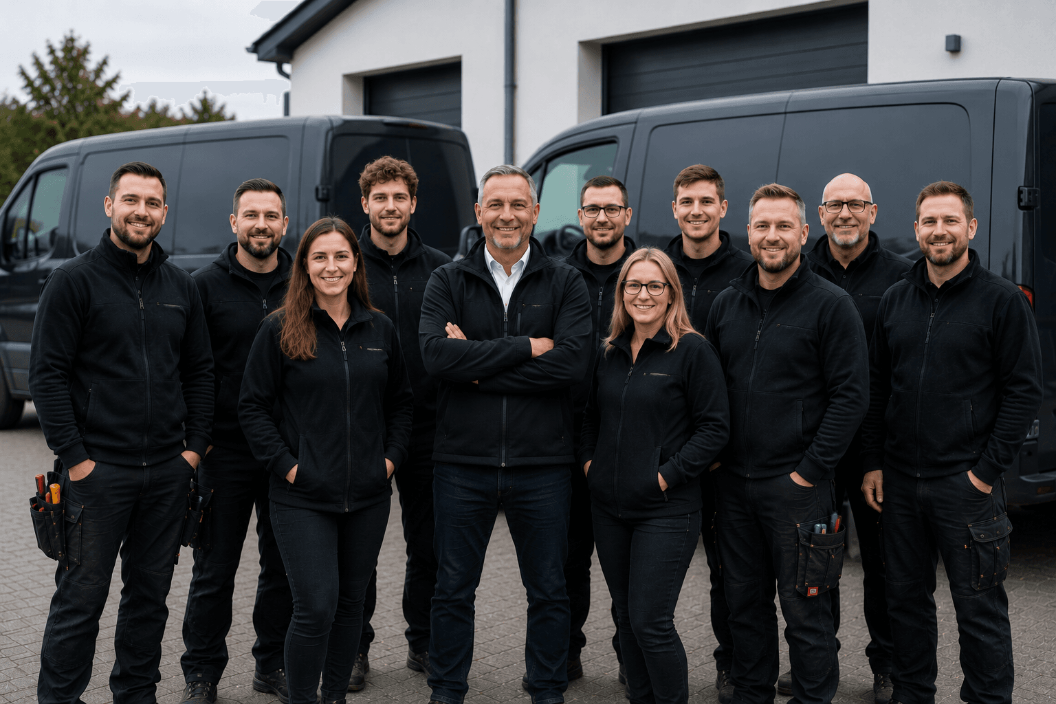 Thermobee-Team aus Monteuren und Projektleitung vor den Servicewagen